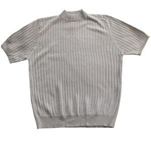 Sag Harbor Tan Silver Sparkle Short Sleeve Mock Neck Pullover Sweater